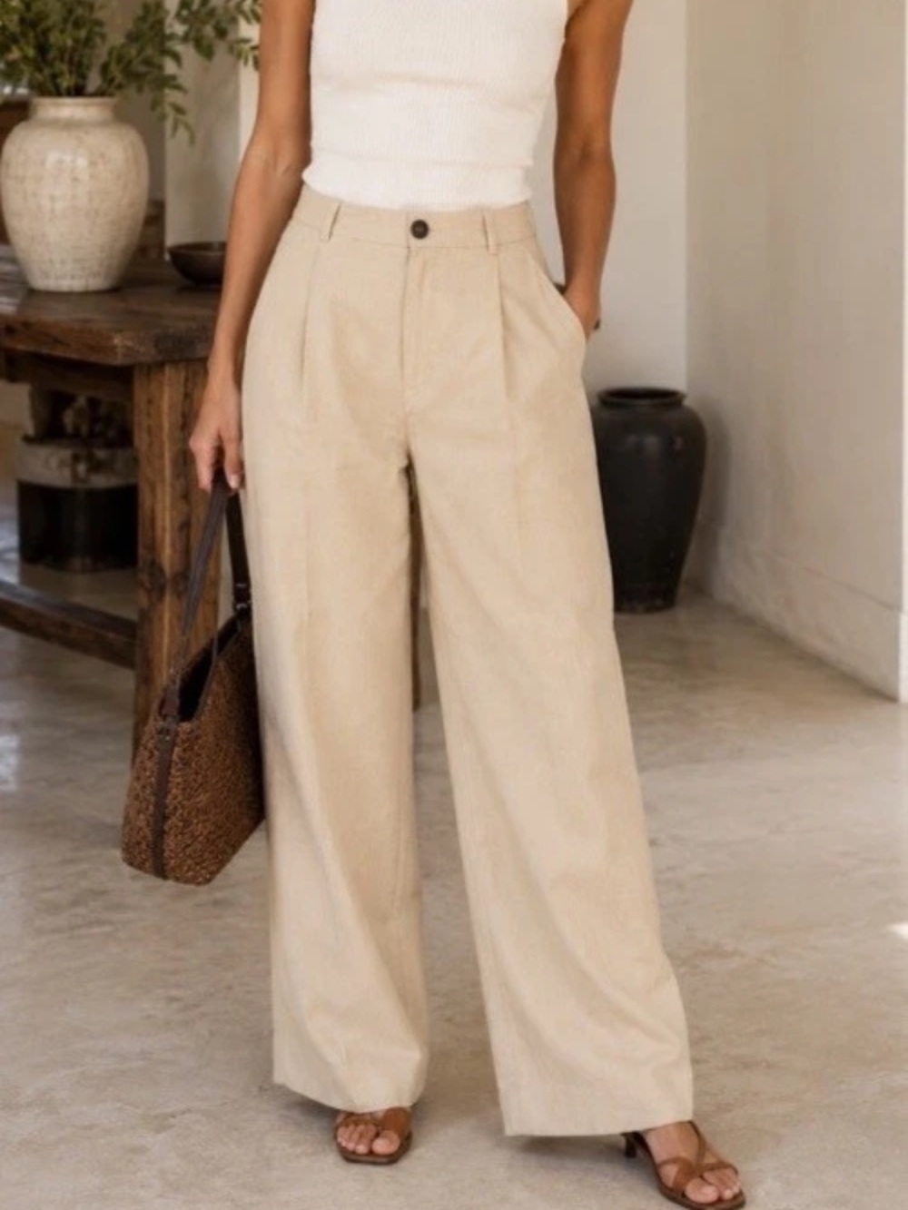 Vince High Rise Pleated Wide Leg Linen Blend Trousers In Sand Women Sz 4 $325